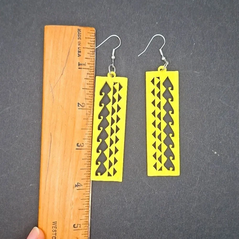 Yellow Wood rectangle earrings hollowed out carved abstract design